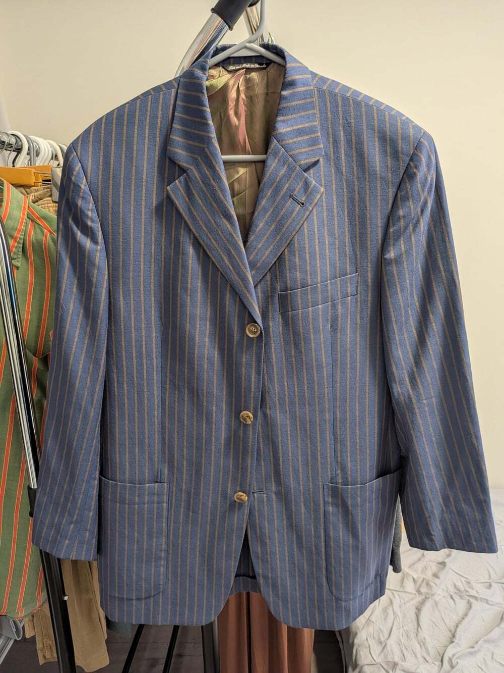 Vintage Wool Linen Blazer – Blue Tan Stripe Sport Coat (Size 40R)